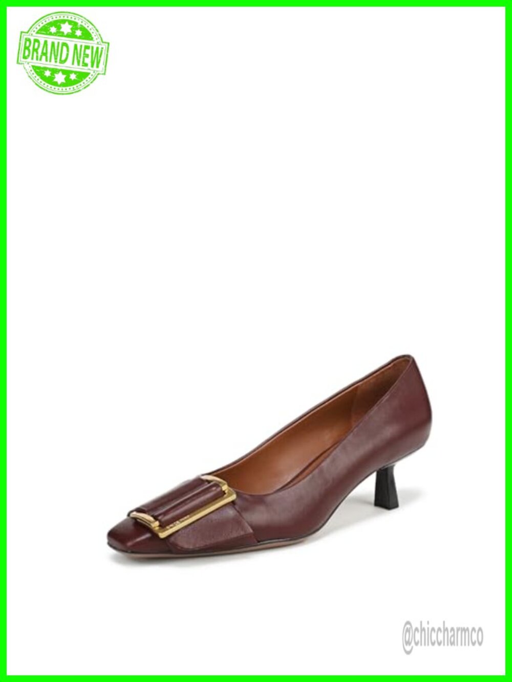 Womens Leather Pump Square Toe Slip On Flare Heel Semi Formal Shoe
